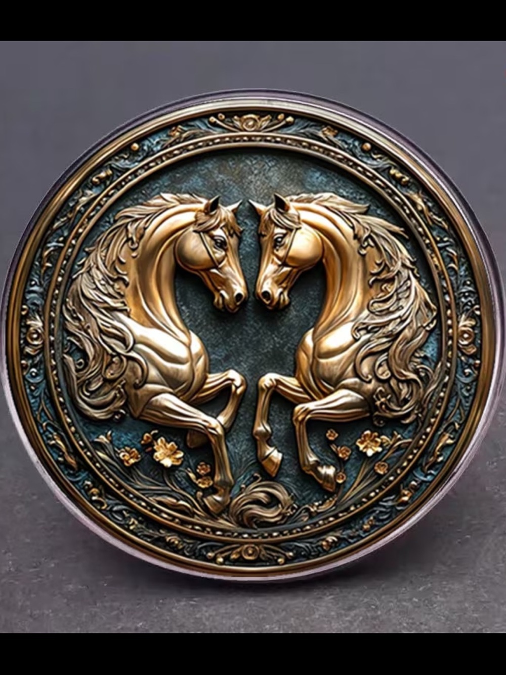 Round Decorative Horse Brooch Gold Floral & Horses - Teal Accent